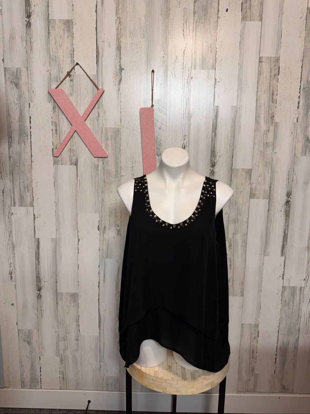 New York & Company Layered Chiffon Tank Top Womens XL Black Studded Blouse